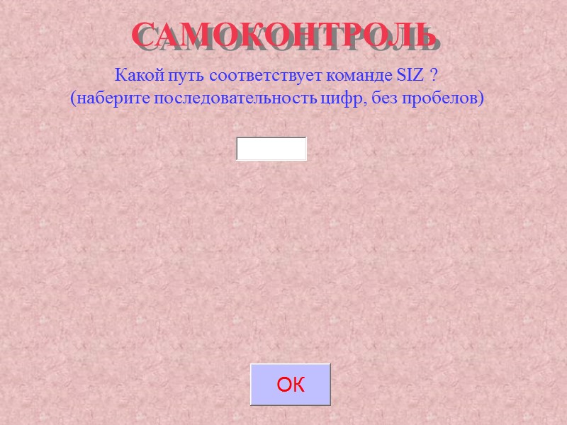 САМОКОНТРОЛЬ Какой путь соответствует команде SIZ ? (наберите последовательность цифр, без пробелов) САМОКОНТРОЛЬ Какой путь соответствует команде SIZ ? (наберите последовательность цифр, без пробелов)